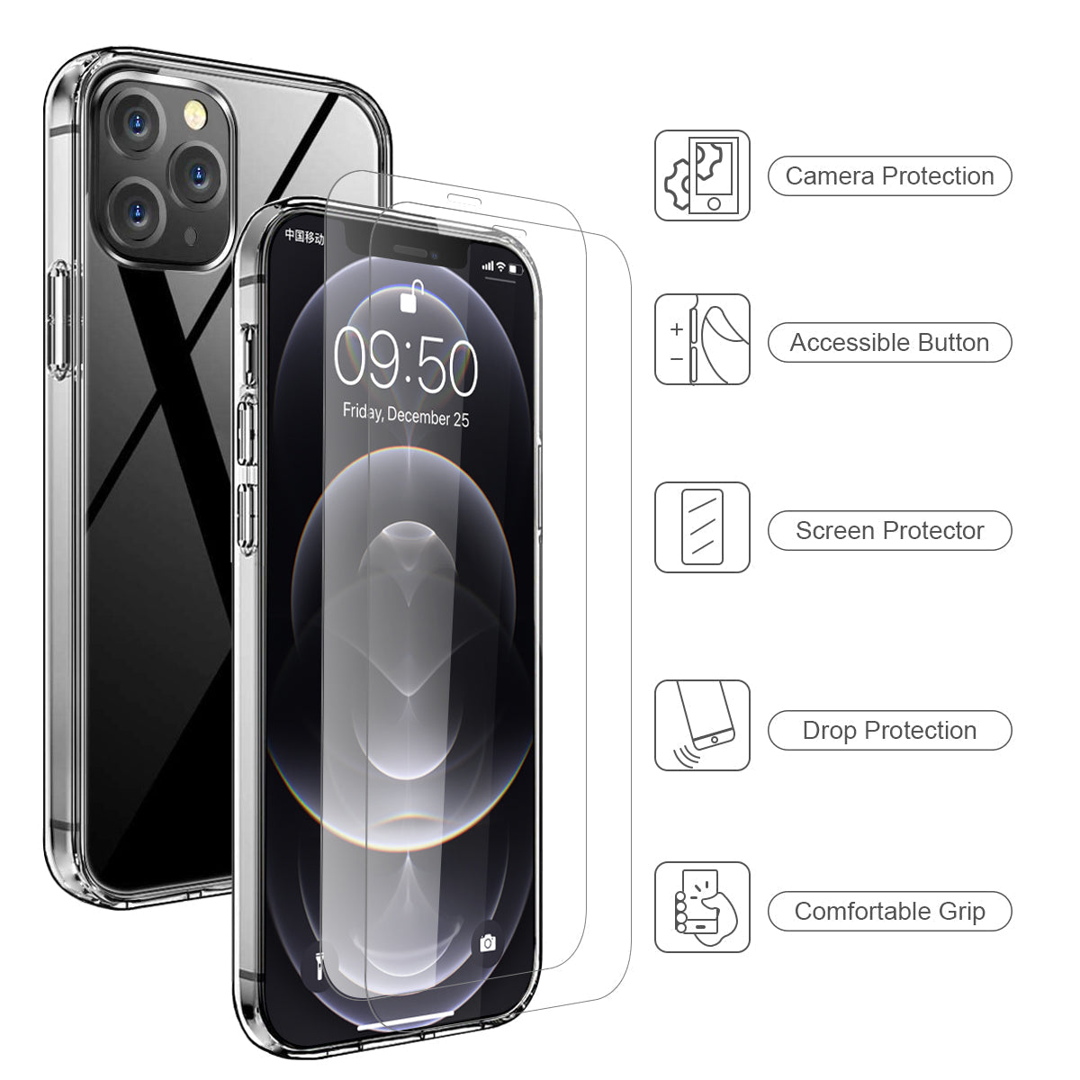 iPhone 12 Clear Strong TPU Case and 2 Tempered Glass Screen Protectors